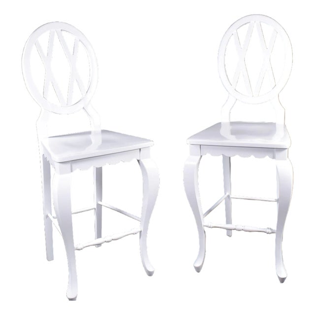 Pair of Fretwork Round Counter Height Chairs For Sale