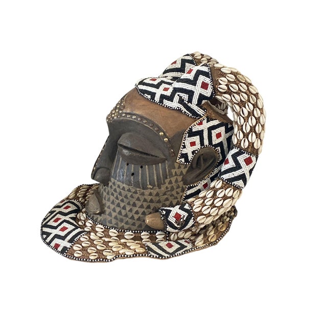 Brown Vintage Large African Tribal Beaded Kuba Royal Head Mask Congo 15" H For Sale - Image 8 of 9