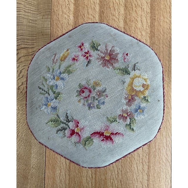 Vintage Mid-Century Walnut Footstool With Floral Needlepoint Tapestry For Sale - Image 4 of 7