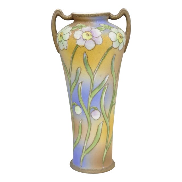 Nippon Sharkskin Decorated Royal Kinjo Japan Hand Painted Porcelain Handled Vase For Sale