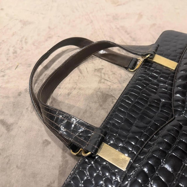1970s Vintage Glossy Embossed Black Leather and Brass Italian Hand Bag For Sale - Image 10 of 10