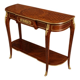 French Louis XVI Style Wood Console Table – Intricate Marquetry, Gold Leaf Details & Single Drawer For Sale