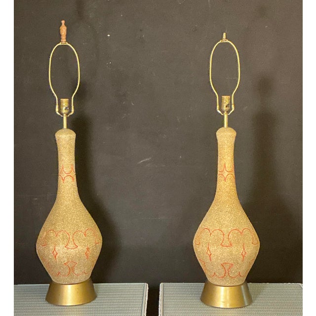 Mid-Century Modern Pair of Monumental Mid-Century Modern Ceramic Table Lamps 45” Tall With Original Shade, Circa 50s 60s For Sale - Image 3 of 12