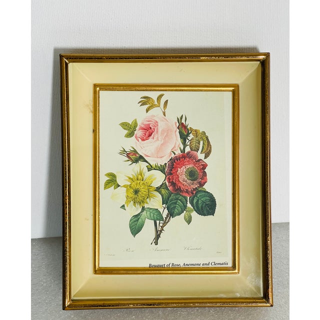 Lovely mini Chromolithograph botanical P. F. Redoute of Bouquet Rose, Anemones, Hibiscus in vintage brass enamel frame.