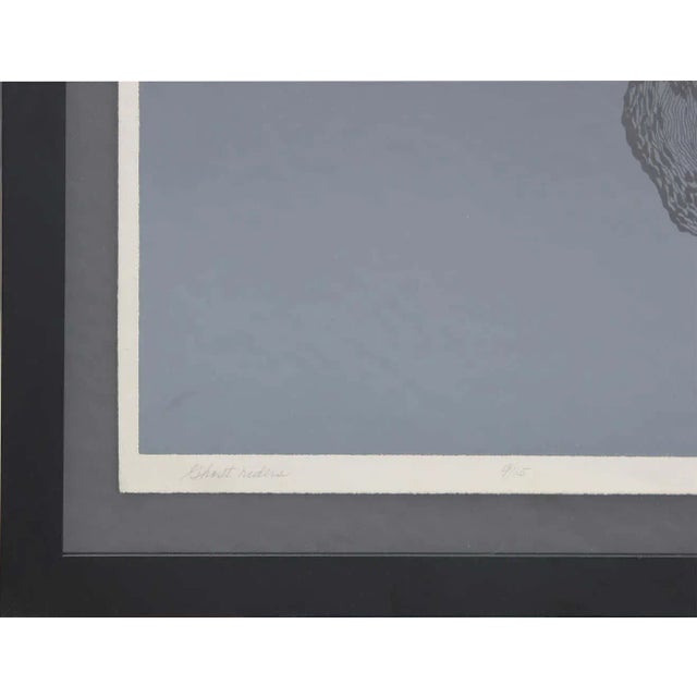 Abstract modern screen print of a pair of intertwining snails floating against a grey toned ombre background. Signed,...