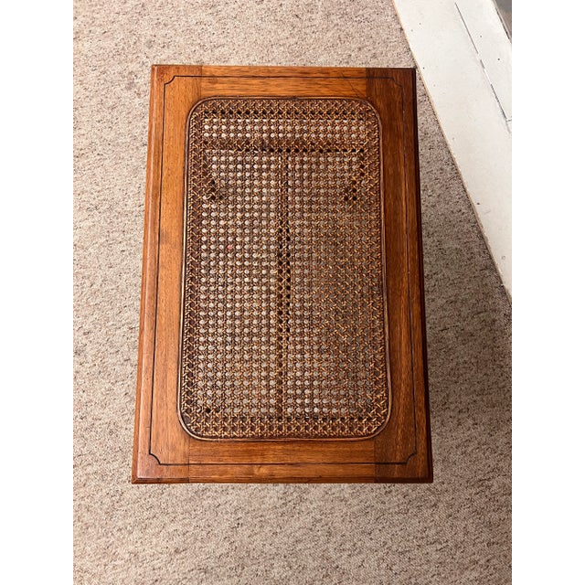 Wood 1970s Vintage Traditional Wooden Accent Table or Decorative Bench With Turned Legs and Supports and Caned Top For Sale - Image 7 of 7