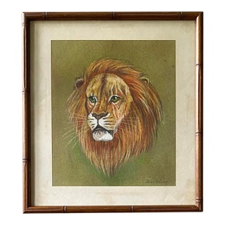 Vintage Pastel Lion Art Drawing Signed and Framed For Sale