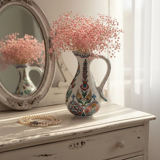 Turkish Handmade Ceramic Pitcher (25cm) – Textured “Dot” Art – Pastel Florals & Embossed Surface For Sale - Image 3 of 11