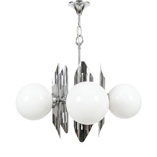 Art Deco Chrome and Opaline Glass Chandelier, 1930s For Sale