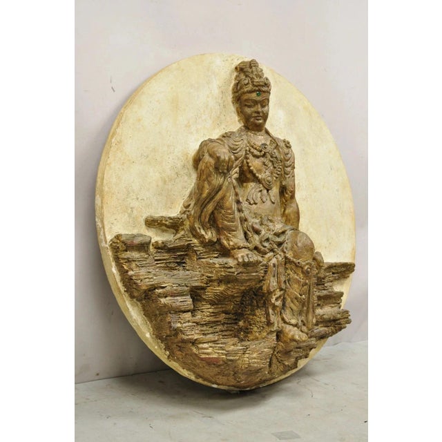 Indian Vintage 43" Fiberglass Kuan Shih Yin Buddha Relief Round Wall Art Sculpture For Sale - Image 3 of 12
