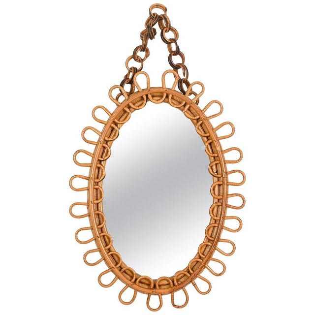 Small Oval Mirror with Chain in Rattan and Bamboo by Franco Albini, Italy, 1960s For Sale - Image 9 of 9