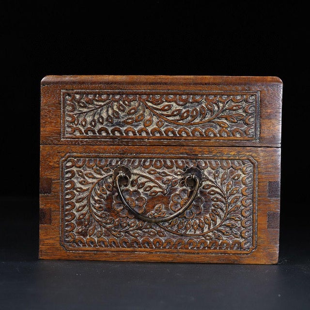 Vintage Chinese Huali Rosewood Box | Carved Floral Motif Storage Chest For Sale In Los Angeles - Image 6 of 9