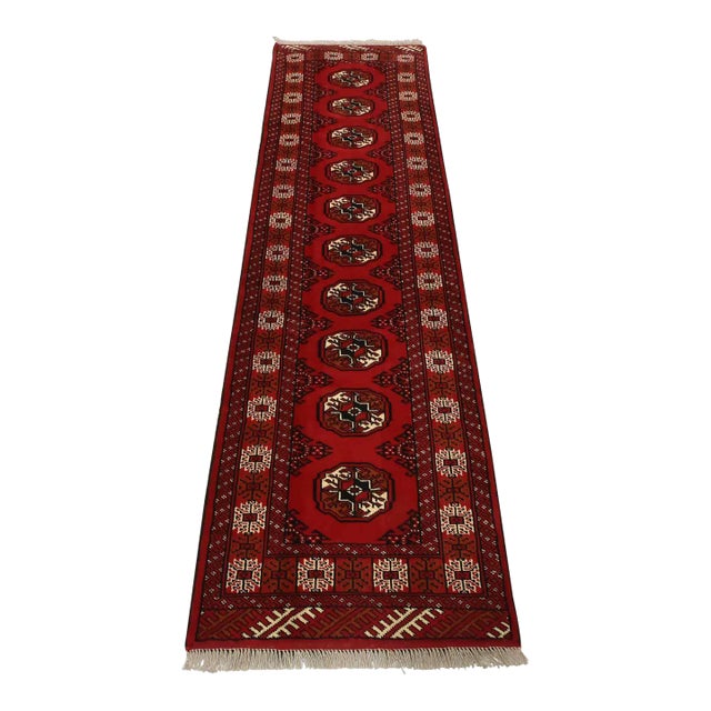 Turkmen Runner 2’7” X 9’2” Red Wool Vintage Tribal Hand-Knotted Oriental Rug For Sale