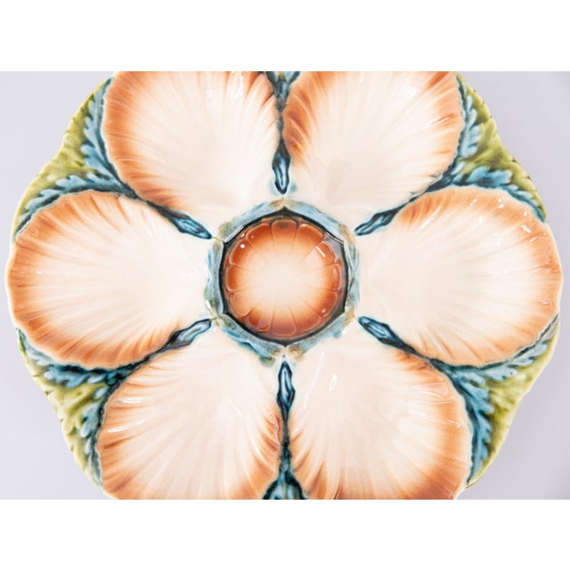 A gorgeous antique French Sarreguemines majolica oyster plate, circa 1870. Maker's mark and model number on reverse (this...