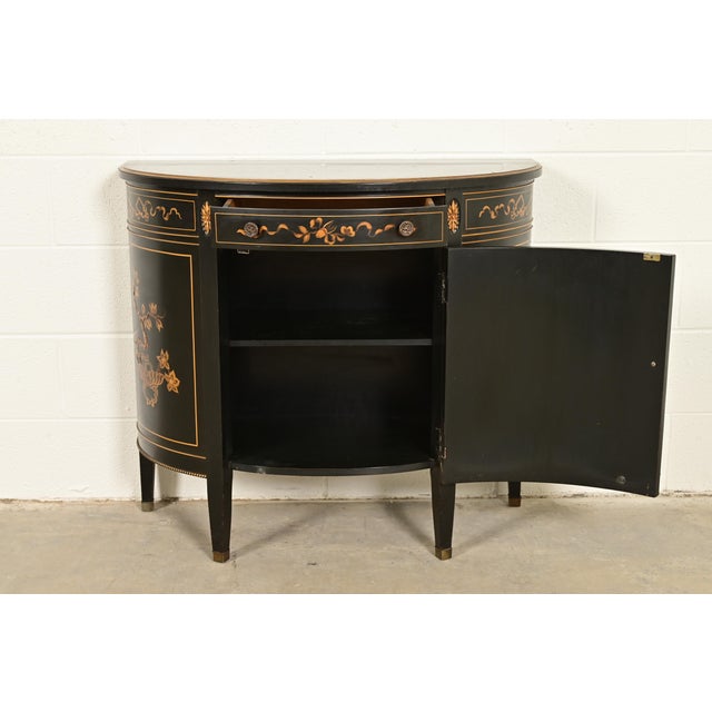 1940s Imperial Furniture Grand Rapids French Regency Chinoiserie Black Lacquered Hand Painted Demilune Cabinet, Circa 1940s For Sale - Image 5 of 16
