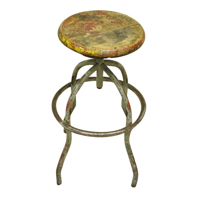 Early 20th Century Vintage Adjustable Wood Metal Work Stool