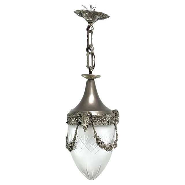 Art Nouveau Nickel Teardrop-Shaped Pendant Lamp, 1900s For Sale