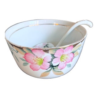 Antique, Early 20th Century Noritake Japan Azalea Porcelain Mayonnaise Dish With Nippon Ladle For Sale