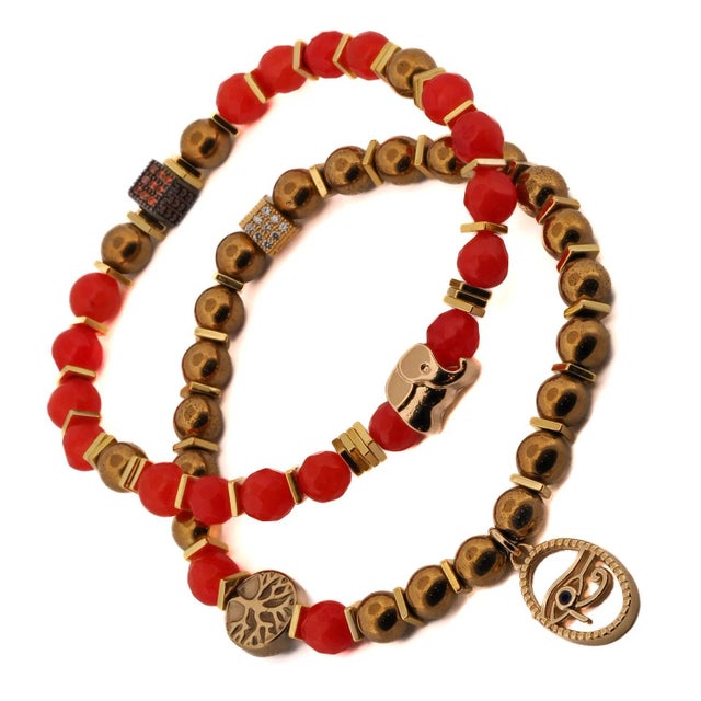 Metal Carnelian Stone Beaded Ra & Elephant Charm Bracelet Set For Sale - Image 7 of 9