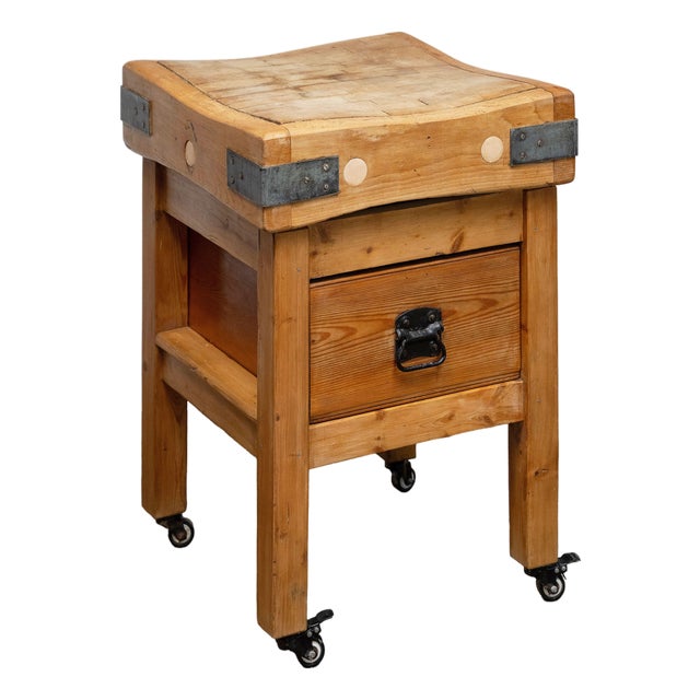 Butcher's Chopping Block Table With Through Drawer on Casters From England For Sale