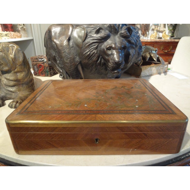 19th Century Brass Inlaid Walnut Box. This Stunning Decorative Box Or Jewelry Box Has Beautiful Brass Inlay And Trim With...