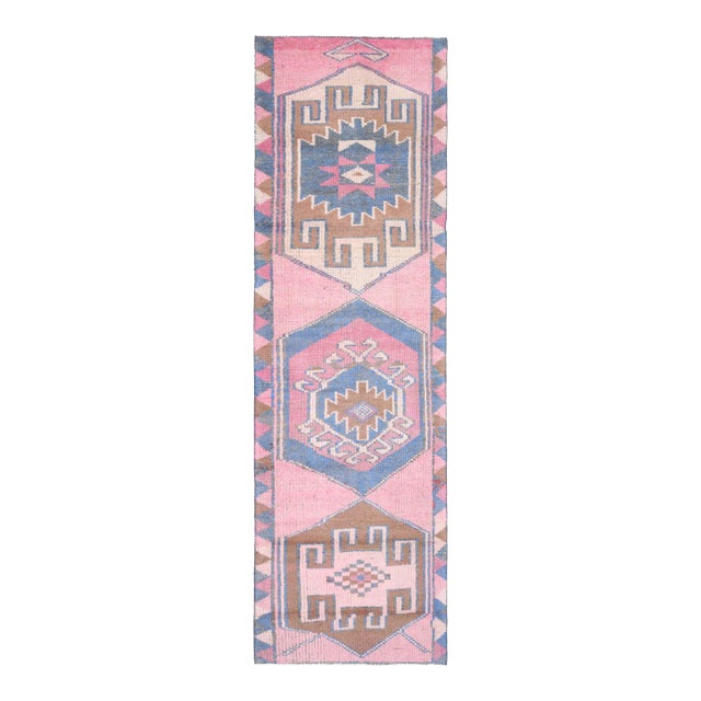 1970s Vintage Turkish Oushak Handmade Wool Cotton Pink Runner Rug For Sale