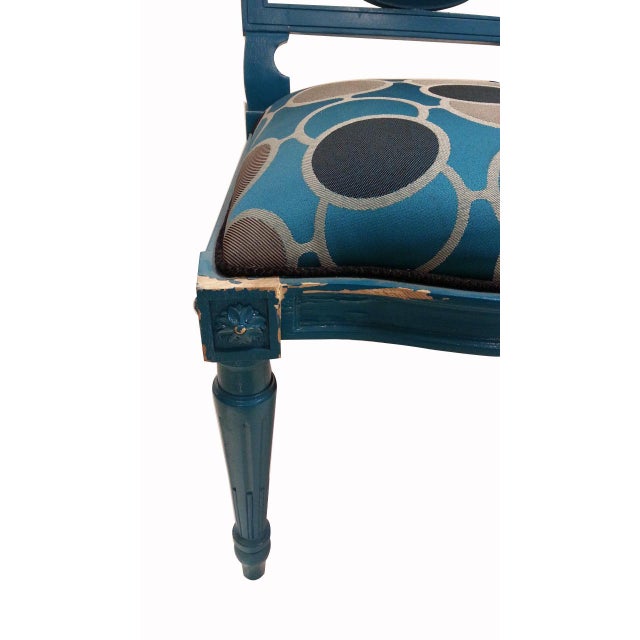 Color blue French carved side chair with Blue/silver/grey frabic. Good for dining chair ,in from of vanity and desk. Has...