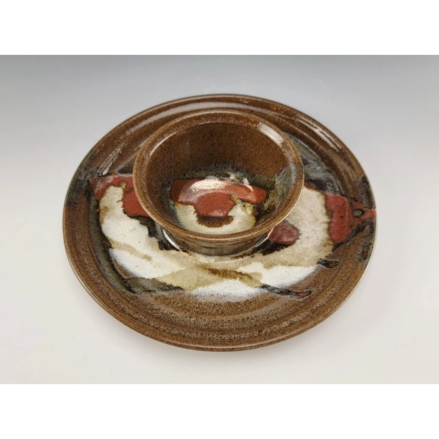 Contemporary 1980s Studio Art Stoneware Pottery Chip and Dip Serving Tray, Signed For Sale - Image 3 of 10