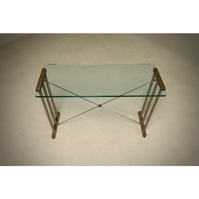 Console Table with Brass Details and Glass Top by Peter Ghyczy, 1970s For Sale - Image 13 of 15