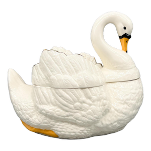 Large Vintage Swan Soup Tureen With Lid – Figural Ceramic Centerpiece - Hollywood Regency, English Cottage, Classic European Dining