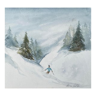 1980s Snow Skiing Winter Landscape Watercolor For Sale
