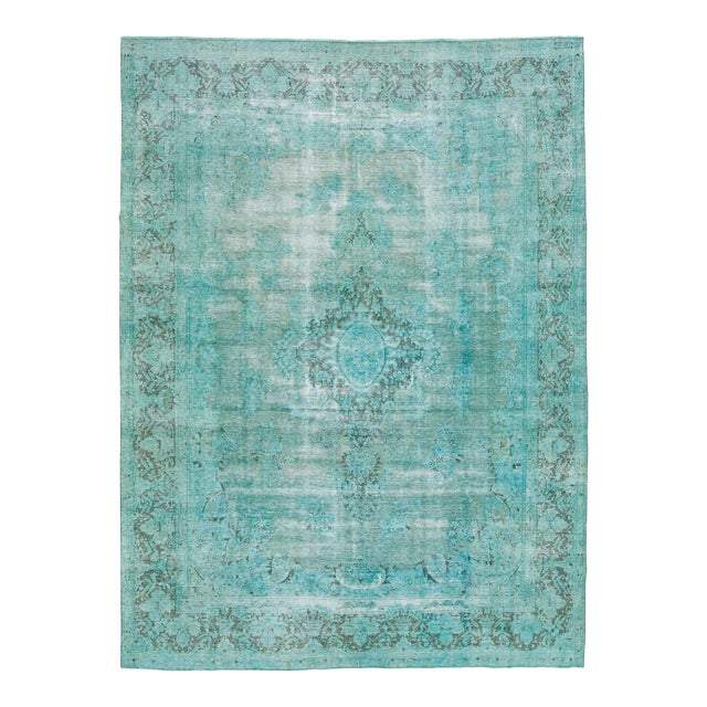 Turquoise Antique Overdyed Persian Wool Rug With Medallion Motif For Sale