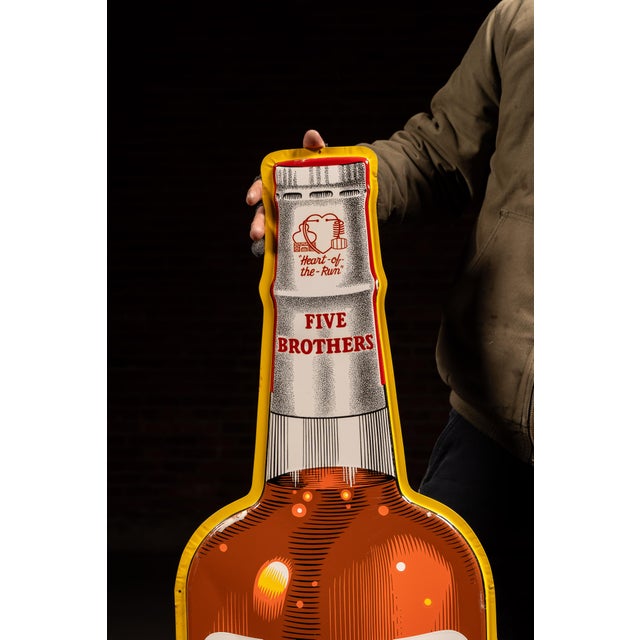 American Vintage Oversized Five Brothers Bourbon Figural Bottle Tin Litho Advertising Sign For Sale - Image 3 of 8