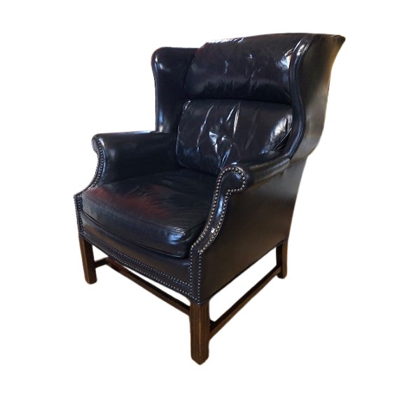 Sherrill Cobalt Blue Wingback Leather Nailhead Chair For Sale