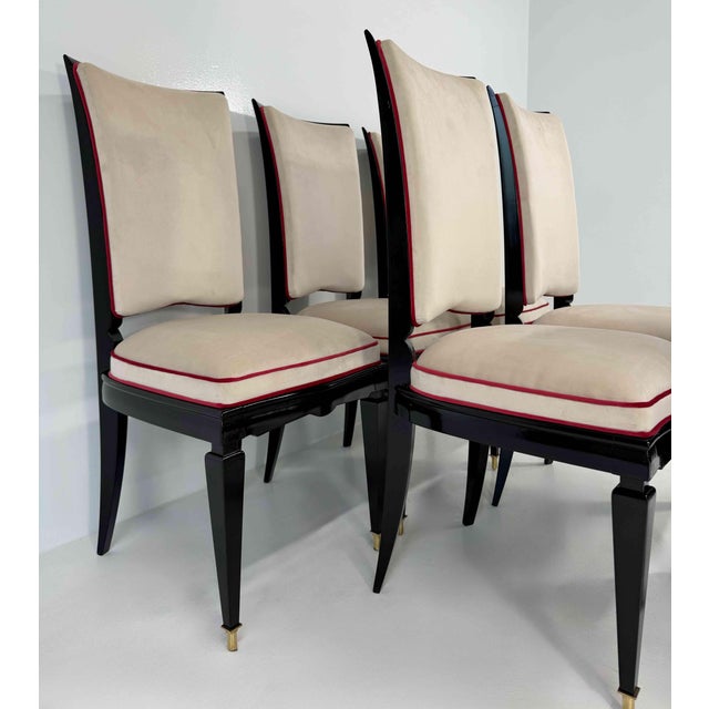 Metal French Art Deco Black Lacquer and Ivory Velvet Chairs with Red Trims, 1940s, Set of 6 For Sale - Image 7 of 12