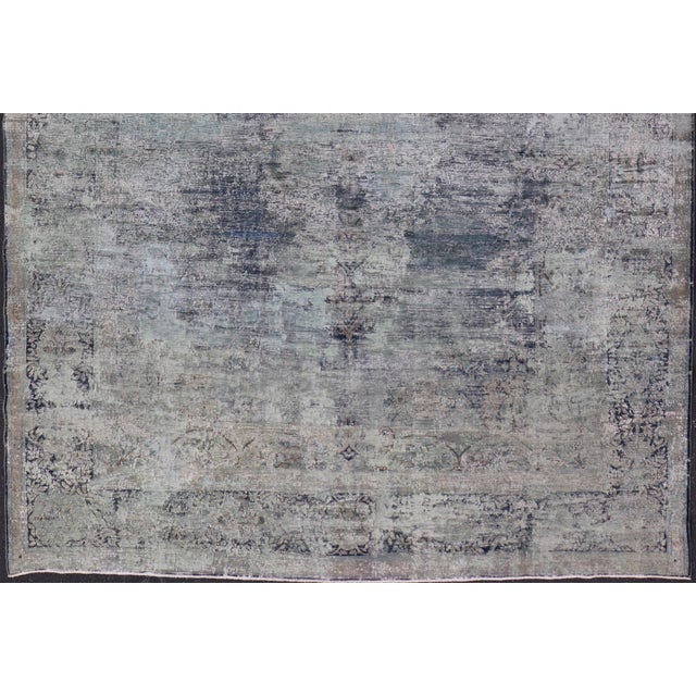 Mid-Century Modern Distressed Vintage Persian Rug With Abstract Design in Blue, Green & Gray & White For Sale - Image 3 of 17