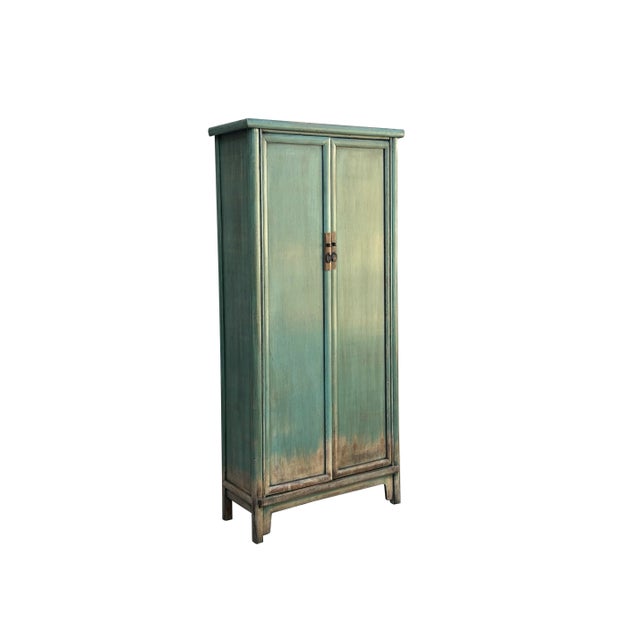 Asian Oriental Distressed Light Teal Green Tall Narrow Noodle Cabinet Armoire For Sale - Image 3 of 9