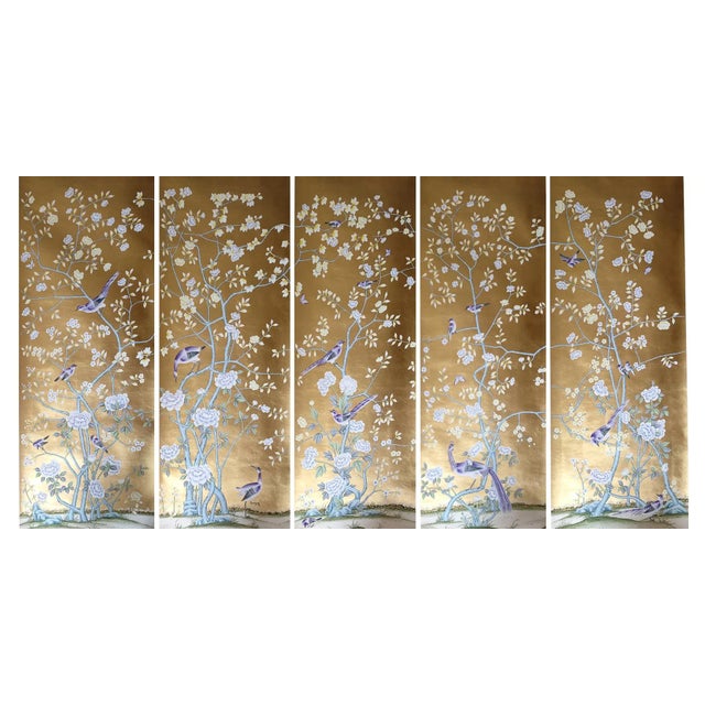 Hand Painted Chinoiserie Wallpaper Murals Hand Painted Artwork Panel - 5 Panels For Sale - Image 12 of 12