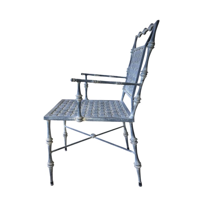 Hollywood Regency Vintage Neoclassical Phyllis Morris Faux Bamboo Patio Set Armchairs in Original Patina Gray Black Finish, a Pair For Sale - Image 3 of 12