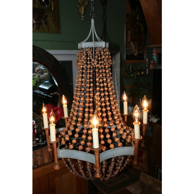 Vintage Wood Bead and Verde Brass Chandelier, 1940s For Sale - Image 10 of 12