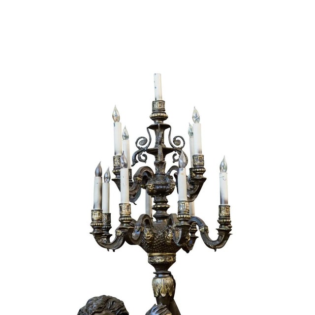 Dark Green Monumental Pair of French Napoleon III Style Bronze Patinated 13-Light Figural Torchières, 91” For Sale - Image 8 of 10