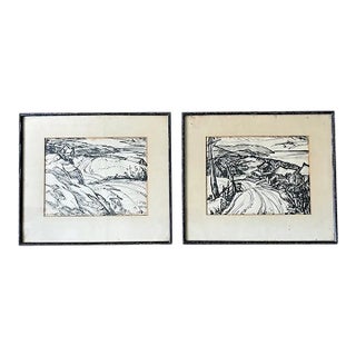 Original Early Mid Century Landscape Ink Drawings by Listed Artist Hesill Boultbee - Signed For Sale