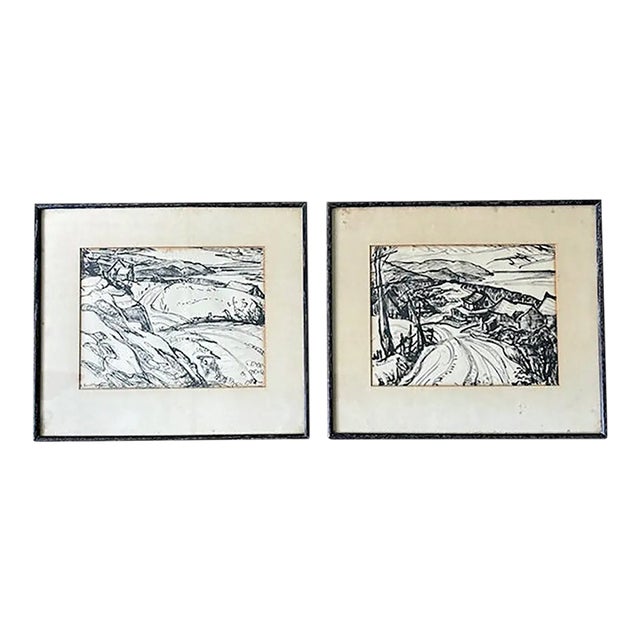 Original Early Mid Century Landscape Ink Drawings by Listed Artist Hesill Boultbee - Signed For Sale