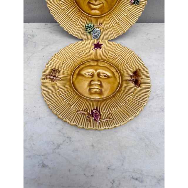 French Country French Majolica Sun & Moon Plates Circa 1890-a Pair For Sale - Image 3 of 4