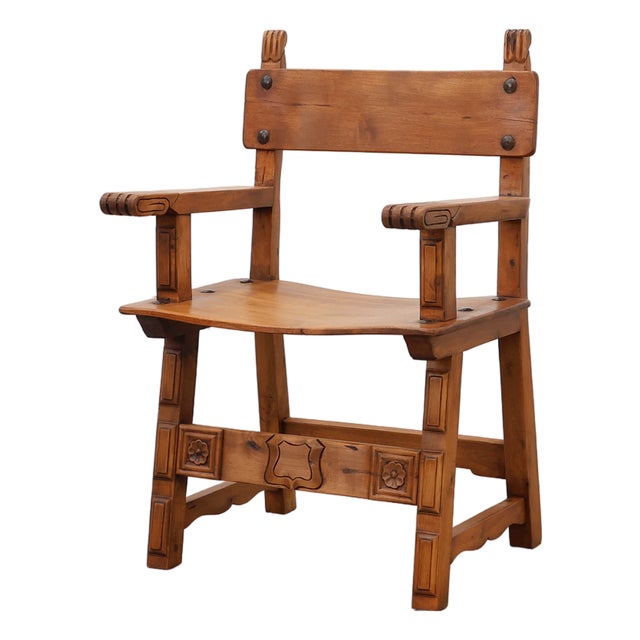 Rustic Iberian Carved Oak Side Chair, Spain, 1900 For Sale