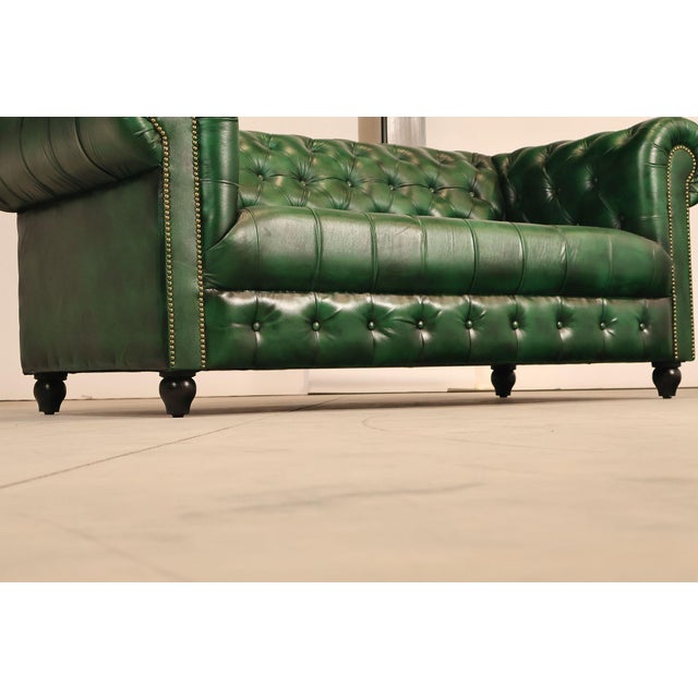 Green Chesterfield Style Green Leather Sofa For Sale - Image 8 of 16