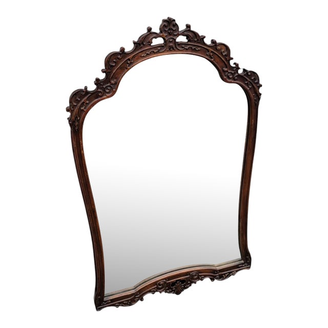 1920s French Style Wall Mirror Carved Walnut Frame Ornate Antique Design For Sale
