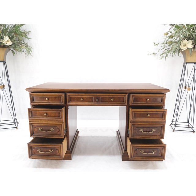 Double Pedestal Brass Hardware Walnut Desk File Drawer Mint For Sale - Image 6 of 12