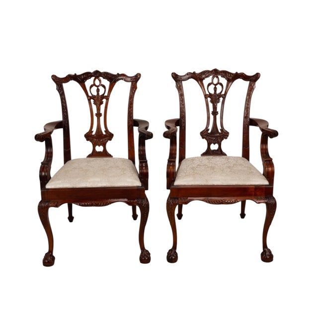 Wood Pair Antique Chippendale Revival Carved Mahogany Ball & Claw Arm Chairs For Sale - Image 7 of 18