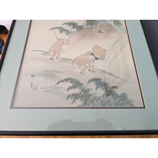 Mid 20th Century Vintage Japanese Silk Painting Signed Shoun, Travelers in Rain Nihonga Watercolor, Japandi Wall Art, Zen Landscape Decor For Sale - Image 5 of 15